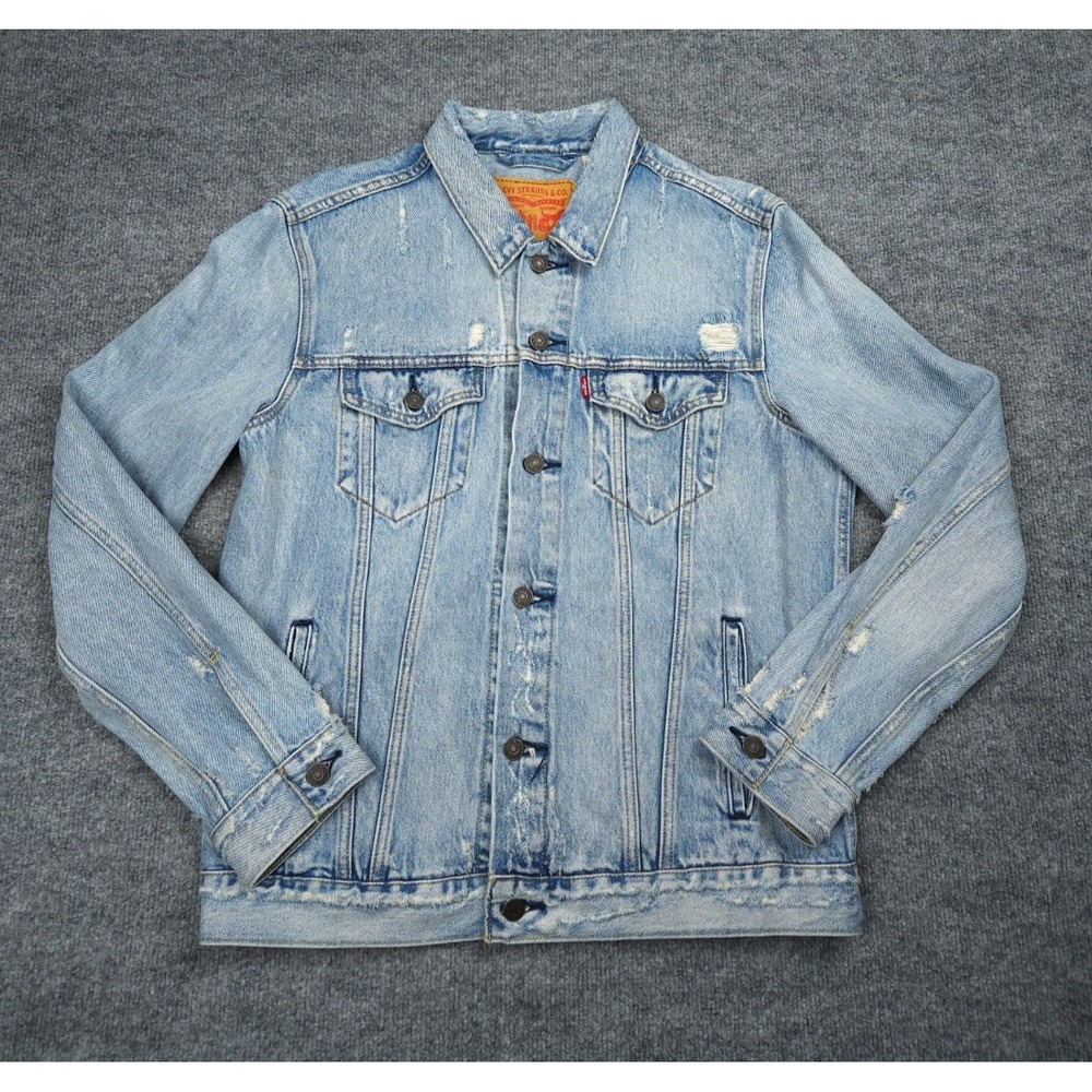 Levis Jean Jacket Womens Large Blue Trucker Distressed Denim